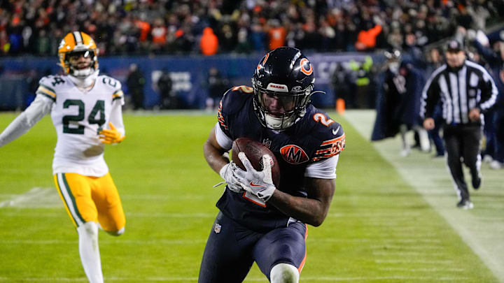 Jan 10, 2026; Chicago, IL, USA;  Chicago Bears wide receiver DJ Moore (2) makes the eventual game winning touchdown catch against the Green Bay Packers during the second half of an NFC Wild Card Round game at Soldier Field. Mandatory Credit: David Banks-Imagn Images