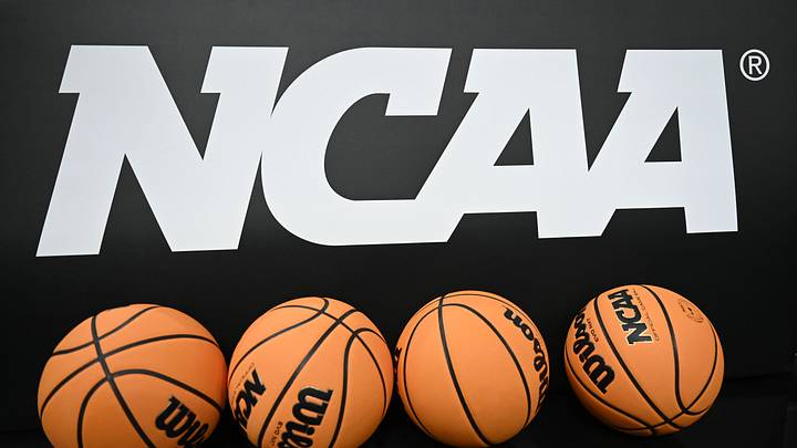 Mar 26, 2025; San Francisco, CA, USA; Detail view of the logo and basketballs during NCAA Tournament West Regional Practice at Chase Center. Mandatory Credit: Eakin Howard-Imagn Images