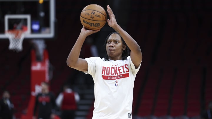 Feb 3, 2023; Houston, Texas, USA; Houston Rockets guard TyTy Washington Jr. (0) warms up before the game against the Toronto Raptors at Toyota Center. Mandatory Credit: Troy Taormina-USA TODAY Sports