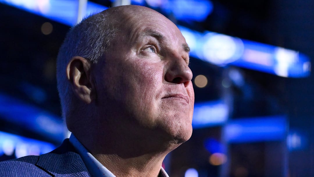 Nov 29, 2025; St. Louis, Missouri, USA; St. Louis Blues general manager Doug Armstrong looks on before a game against the Utah Mammoth at Enterprise Center. Mandatory Credit: Jeff Curry-Imagn Images