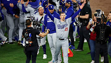 Oct 30, 2024; New York, USA, LAD; Los Angeles Dodgers pitcher Walker Buehler (21) celebrates after the Los Angeles Dodgers beat the New York Yankees in game five to win the 2024 Imagn Images World Series at New York. Mandatory Credit: Wendell Cruz-Imagn Images