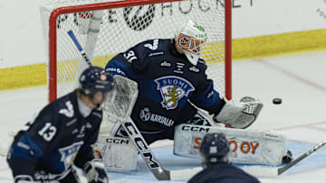 Aug 3, 2024; Plymouth, MI, USA; Finland's goaltender Kim Saarinen (31) makes a leg pad save against Sweden during the second period of the 2024 World Junior Summer Showcase at USA Hockey Arena. Mandatory Credit: David Reginek-Imagn Images