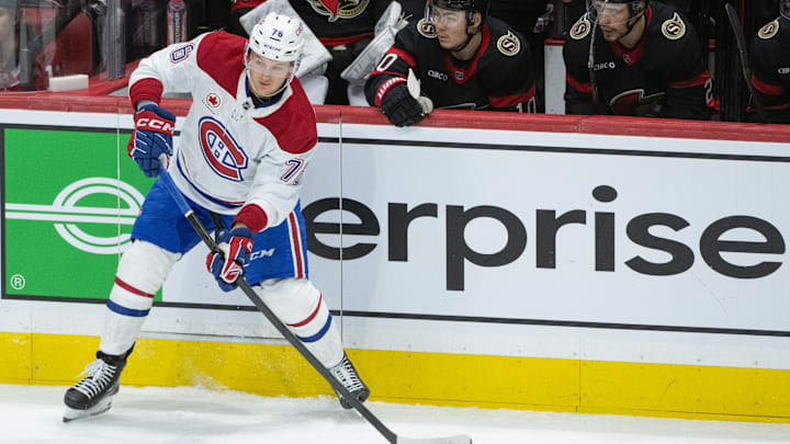 Jan 17, 2026; Ottawa, Ontario, CAN; Montreal Canadiens right wing Zachary Bolduc (76) moves the puck in the third period against the  Ottawa Senators at the Canadian Tire Centre. Mandatory Credit: Marc DesRosiers-IMAGN Images
