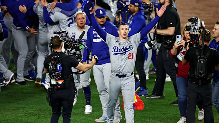 Los Angeles Dodgers pitcher Buehler celebrates after the Los Angeles Dodgers beat the New York Yankees in game five to win the 2024 World Series.
