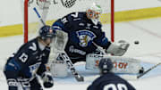 Aug 3, 2024; Plymouth, MI, USA; Finland's goaltender Kim Saarinen (31) makes a leg pad save against Sweden during the second period of the 2024 World Junior Summer Showcase at USA Hockey Arena. Mandatory Credit: David Reginek-Imagn Images