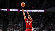 Nov 15, 2024; College Station, Texas, USA; Ohio State Buckeyes guard John Mobley Jr. (0) shoots a three point basket during the second half against the Texas A&M Aggies at Reed Arena. Mandatory Credit: Maria Lysaker-Imagn Images 