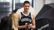 Sep 23, 2025; Brooklyn, NY, USA;  Brooklyn Nets guard Egor Demin (8) at Media Day. Mandatory Credit: Wendell Cruz-Imagn Images