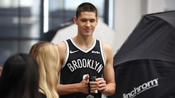 Sep 23, 2025; Brooklyn, NY, USA;  Brooklyn Nets guard Egor Demin (8) at Media Day. Mandatory Credit: Wendell Cruz-Imagn Images