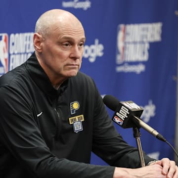 May 21, 2025; New York, New York, USA; Indiana Pacers head coach Rick Carlisle speaks to media prior to game one of the eastern conference finals for the 2025 NBA Playoffs at Madison Square Garden. Mandatory Credit: Wendell Cruz-Imagn Images