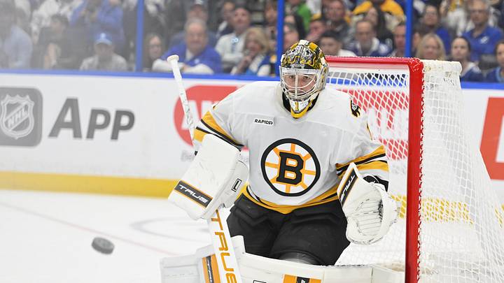 Apr 4, 2026; Tampa, Florida, USA; Boston Bruins goalie Jeremy Swayman (1) protects the goal during the third period against Tampa Bay Lightning at Benchmark International Arena. Mandatory Credit: Pablo Robles-Imagn Images