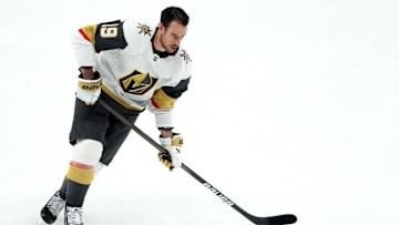 Mar 11, 2025; Pittsburgh, Pennsylvania, USA;  Vegas Golden Knights right wing Reilly Smith (19) warms up against the Pittsburgh Penguins at PPG Paints Arena. Mandatory Credit: Charles LeClaire-Imagn Images