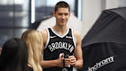 Sep 23, 2025; Brooklyn, NY, USA;  Brooklyn Nets guard Egor Demin (8) at Media Day. Mandatory Credit: Wendell Cruz-Imagn Images