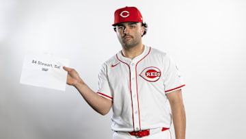 Feb 18, 2025; Goodyear, AZ, USA; Cincinnati Reds infielder Sal Stewart poses for a portrait during Media Day at the Cincinnati Reds Development Complex. Mandatory Credit: Mark J. Rebilas-Imagn Images