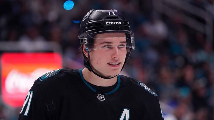 Mar 30, 2026; San Jose, California, USA;  San Jose Sharks center Macklin Celebrini (71) waits for play to resume against the St. Louis Blues in the second period at SAP Center at San Jose. Mandatory Credit: David Gonzales-Imagn Images