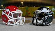 Kansas City Chiefs and Philadelphia Eagles helmets at the Caesars Superdome in New Orleans.