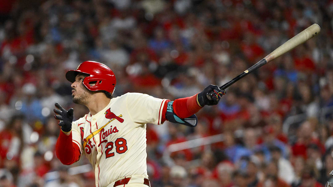 Sep 20, 2025; St. Louis, Missouri, USA; St. Louis Cardinals third baseman Nolan Arenado (28) hits a one run single against the Milwaukee Brewers during the fourth inning at Busch Stadium. Mandatory Credit: Jeff Curry-Imagn Images Sep 20, 2025; St. Louis, Missouri, USA; St. Louis Cardinals third baseman Nolan Arenado (28) hits a one run single against the Milwaukee Brewers during the fourth inning at Busch Stadium. Mandatory Credit: Jeff Curry-Imagn Images