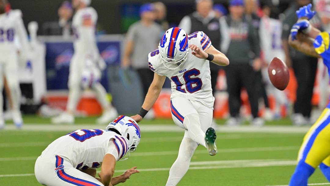 Oct 12, 2026; Inglewood, California, USA;  Buffalo Bills place kicker Tyler Bass (16) kicks a point after try during the fourth quarter against the Los Angeles Rams at SoFi Stadium. 