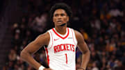 Nov 26, 2025; San Francisco, California, USA;  Houston Rockets guard-forward Amen Thompson (1) waits for play to resume against the Golden State Warriors in the third quarter at Chase Center. Mandatory Credit: David Gonzales-Imagn Images