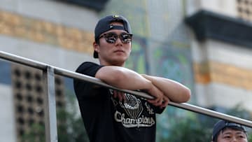 Nov 3, 2025; Los Angeles, CA, USA;  Los Angeles Dodgers pitcher Yoshinobu Yamamoto acknowledges the crowd during the World Series championship parade at downtown Los Angeles. Mandatory Credit: Kiyoshi Mio-Imagn Images