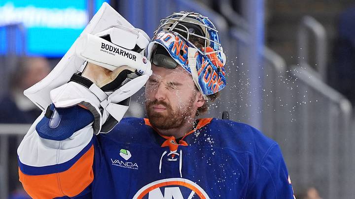 Apr 11, 2026; Elmont, New York, USA; New York Islanders goaltender Ilya Sorokin (30) during a break in the first period at UBS Arena. Mandatory Credit: Alexander Wohl-Imagn Images