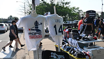 A Pope Leo XIV t-shirt is seen outside for sale prior to a game between the Chicago White Sox and the Kansas City Royals at Rate Field on June 6.