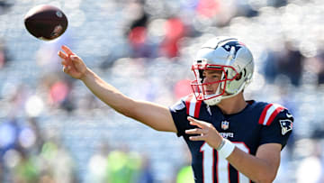 Sep 15, 2024; Foxborough, Massachusetts, USA; New England Patriots quarterback Drake Maye (10) throws the ball before a game against the Seattle Seahawks Gillette Stadium. Mandatory Credit: Brian Fluharty-Imagn Images
