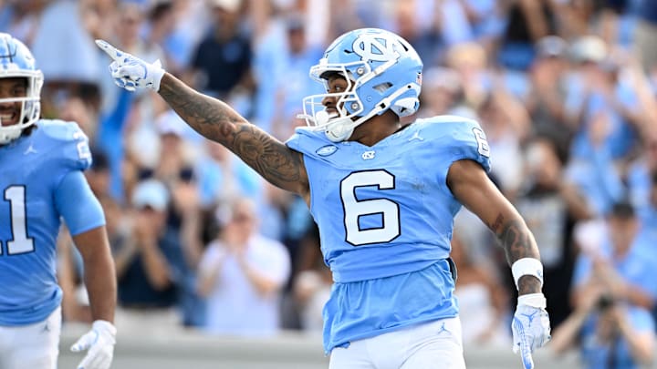 Sep 7, 2024; Chapel Hill, North Carolina, USA; North Carolina Tar Heels wide receiver Nate McCollum (6) reacts after scoring a touchdown in the 1st quarter at Kenan Memorial Stadium. Mandatory Credit: Bob Donnan-Imagn Images