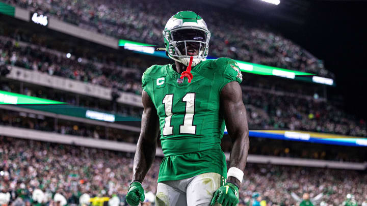 Oct 22, 2023; Philadelphia, Pennsylvania, USA; Philadelphia Eagles wide receiver A.J. Brown (11) reacts after a running back Kenneth Gainwell (not pictured) touchdown run against the Miami Dolphins during the fourth quarter at Lincoln Financial Field. Mandatory Credit: Bill Streicher-USA TODAY Sports