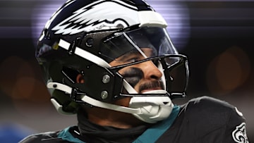 Nov 28, 2025; Philadelphia, Pennsylvania, USA; Philadelphia Eagles quarterback Jalen Hurts (1) looks on during the third quarter of the game against the Chicago Bears at Lincoln Financial Field. Mandatory Credit: Bill Streicher-Imagn Images