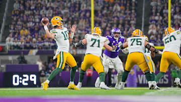 Dec 29, 2024; Minneapolis, Minnesota, USA; Green Bay Packers quarterback Jordan Love (10) passes against Minnesota Vikings in the third quarter at U.S. Bank Stadium. Mandatory Credit: Brad Rempel-Imagn Images