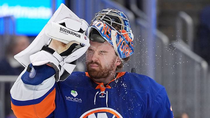 Apr 11, 2026; Elmont, New York, USA; New York Islanders goaltender Ilya Sorokin (30) during a break in the first period at UBS Arena. Mandatory Credit: Alexander Wohl-Imagn Images Apr 11, 2026; Elmont, New York, USA; New York Islanders goaltender Ilya Sorokin (30) during a break in the first period at UBS Arena. Mandatory Credit: Alexander Wohl-Imagn Images