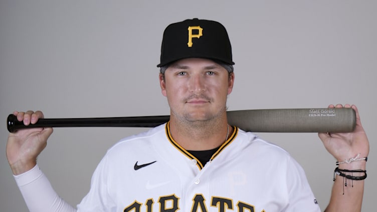 Feb 22, 2023; Bradenton, FL, USA;  Pittsburgh Pirates outfielder Matt Gorski (76) poses for photos during Media Day. Mandatory Credit: Dave Nelson-USA TODAY Sports