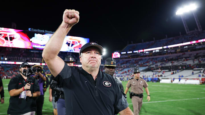 Nov 1, 2025; Jacksonville, Florida, USA; Georgia Bulldogs head coach Kirby Smart celebrates after the game against the Florida Gators at EverBank Stadium. Mandatory Credit: Matt Pendleton-Imagn Images