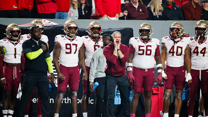 Nov 21, 2025; Raleigh, North Carolina, USA; Florida State Seminoles head coach Mike Norvell reacts during the first half of the game against NC State Wolfpack at Carter-Finley Stadium. Mandatory Credit: Jaylynn Nash-Imagn Images