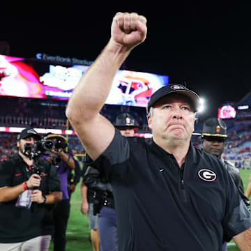 Nov 1, 2025; Jacksonville, Florida, USA; Georgia Bulldogs head coach Kirby Smart celebrates after the game against the Florida Gators at EverBank Stadium. Mandatory Credit: Matt Pendleton-Imagn Images