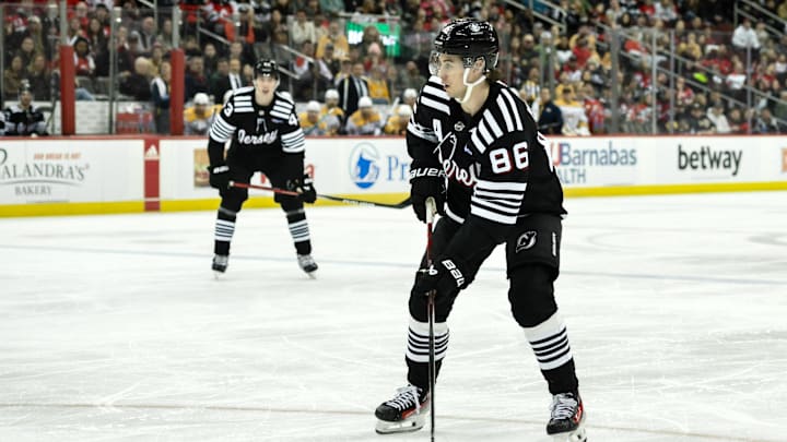 Apr 7, 2024; Newark, New Jersey, USA; New Jersey Devils center Jack Hughes (86) skates with the puck during the second period against the Nashville Predators at Prudential Center. Mandatory Credit: John Jones-Imagn Images Apr 7, 2024; Newark, New Jersey, USA; New Jersey Devils center Jack Hughes (86) skates with the puck during the second period against the Nashville Predators at Prudential Center. Mandatory Credit: John Jones-Imagn Images