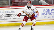 Feb 28, 2025; Chestnut Hill, MA, USA; Boston College forward Ryan Leonard (9) skates against the University of New Hampshire Wildcats during the second period at Conte Forum. Mandatory Credit: Eric Canha-Imagn Images