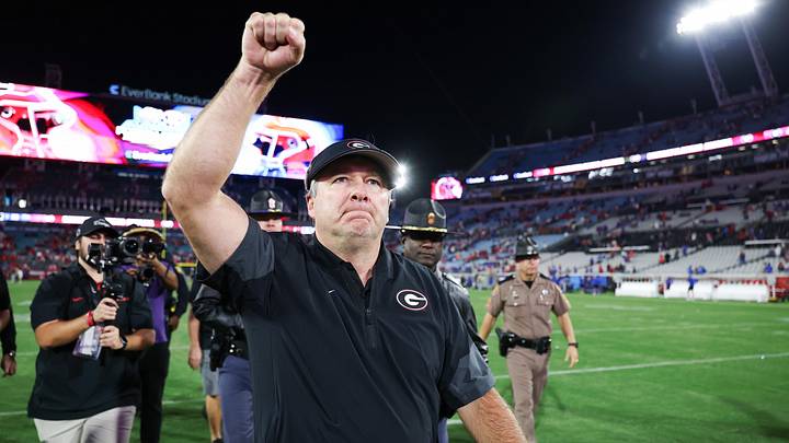 Nov 1, 2025; Jacksonville, Florida, USA; Georgia Bulldogs head coach Kirby Smart celebrates after the game against the Florida Gators at EverBank Stadium. Mandatory Credit: Matt Pendleton-Imagn Images