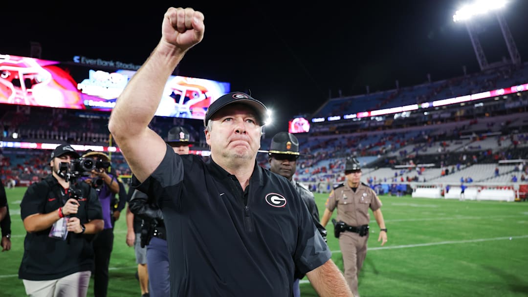 Nov 1, 2025; Jacksonville, Florida, USA; Georgia Bulldogs head coach Kirby Smart celebrates after the game against the Florida Gators at EverBank Stadium. Mandatory Credit: Matt Pendleton-Imagn Images
