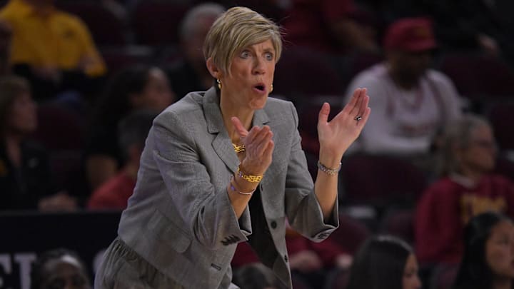 Jan 29, 2026; Los Angeles, California, USA;  Iowa Hawkeyes head coach Jan Jensen instructs players on the court in the first half against the USC Trojans at Galen Center. Mandatory Credit: Jayne Kamin-Oncea-Imagn Images