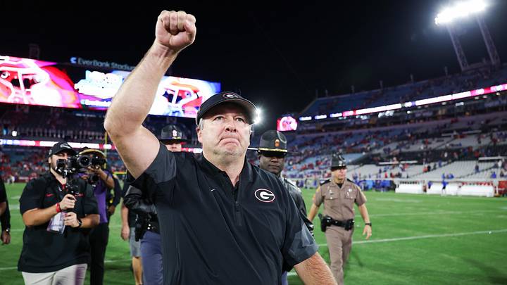 Nov 1, 2025; Jacksonville, Florida, USA; Georgia Bulldogs head coach Kirby Smart celebrates after the game against the Florida Gators at EverBank Stadium. Mandatory Credit: Matt Pendleton-Imagn Images