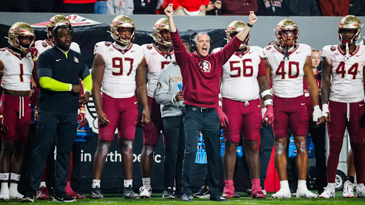 Nov 21, 2025; Raleigh, North Carolina, USA; Florida State Seminoles head coach Mike Norvell reacts during the first half of the game against NC State Wolfpack at Carter-Finley Stadium. Mandatory Credit: Jaylynn Nash-Imagn Images
