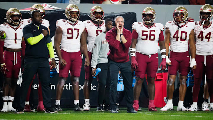 Nov 21, 2025; Raleigh, North Carolina, USA; Florida State Seminoles head coach Mike Norvell reacts during the first half of the game against NC State Wolfpack at Carter-Finley Stadium. Mandatory Credit: Jaylynn Nash-Imagn Images