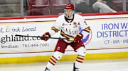 Feb 28, 2025; Chestnut Hill, MA, USA; Boston College forward Ryan Leonard (9) skates against the University of New Hampshire Wildcats during the second period at Conte Forum. Mandatory Credit: Eric Canha-Imagn Images