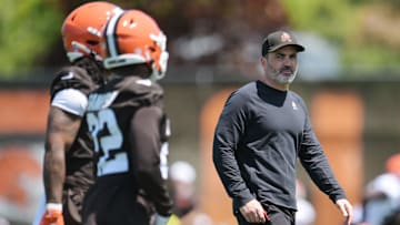 May 10, 2025; Berea, OH, USA; Cleveland Browns head coach Kevin Stefanski watches during rookie minicamp at CrossCountry Mortgage Campus. Mandatory Credit: Ken Blaze-Imagn Images