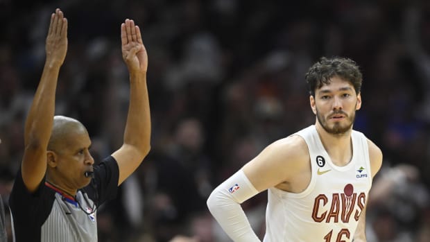 Apr 15, 2023; Cleveland, Ohio, USA; Cleveland Cavaliers forward Cedi Osman (16) reacts after his three-point basket in the third quarter of game one of the 2023 NBA playoffs against the New York Knicks at Rocket Mortgage FieldHouse. Mandatory Credit: David Richard-USA TODAY Sports