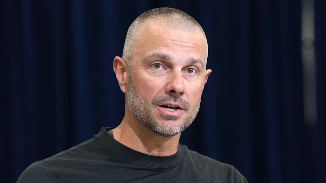 Feb 24, 2026; Indianapolis, IN, USA; Las Vegas Raiders general manager John Spytek speaks at the NFL Scouting Combine at the Indiana Convention Center. Mandatory Credit: Kirby Lee-Imagn Images