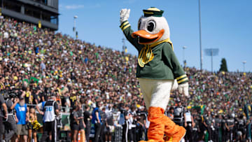 The Duck waves to fans as the Oregon Ducks host the Oregon State Beavers Sept. 20, 2025, at Autzen Stadium in Eugene, Oregon.