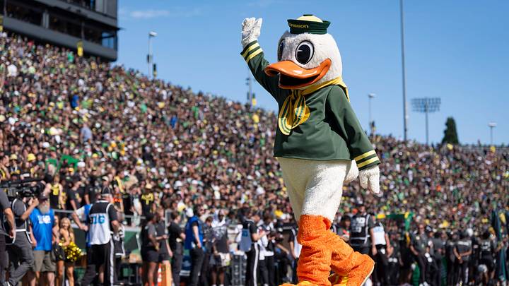 The Duck waves to fans as the Oregon Ducks host the Oregon State Beavers Sept. 20, 2025, at Autzen Stadium in Eugene, Oregon.