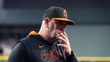 Apr 7, 2025; Phoenix, Arizona, USA; Baltimore Orioles manager Brandon Hyde reacts against the Arizona Diamondbacks at Chase Field.